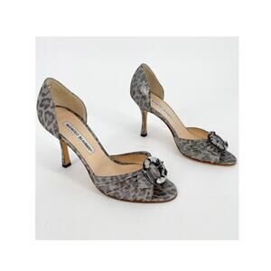 Manolo Blahnik Vintage Leopard Suede Peep Toe D'Orsay Buckle Heel Pumps IT 36.5